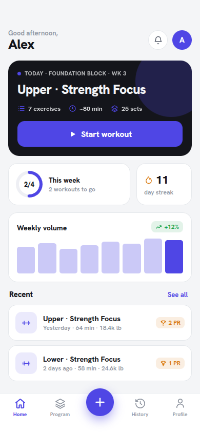 omnilift home screen showing today's workout, weekly progress and volume chart